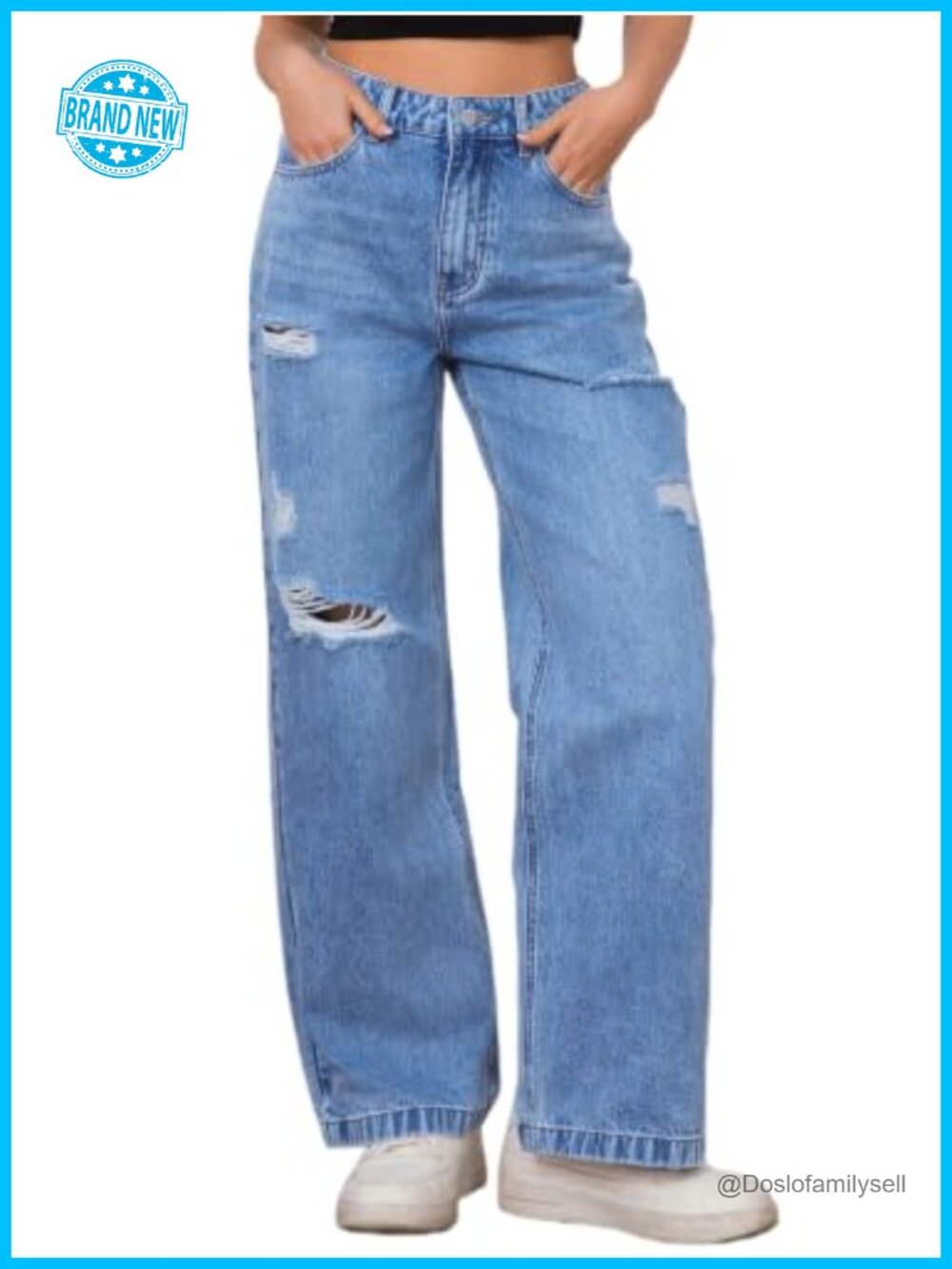 High Waisted Ripped Straight Leg Stretchy Wide Leg Jeans